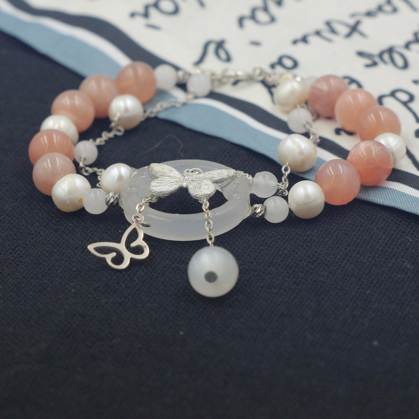 Sunstone, Moonstone & Freshwater Pearl Bracelet – 8mm Gemstone Bracelet with Silver Butterfly Charm