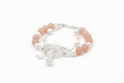 Sunstone, Moonstone & Freshwater Pearl Bracelet – 8mm Gemstone Bracelet with Silver Butterfly Charm