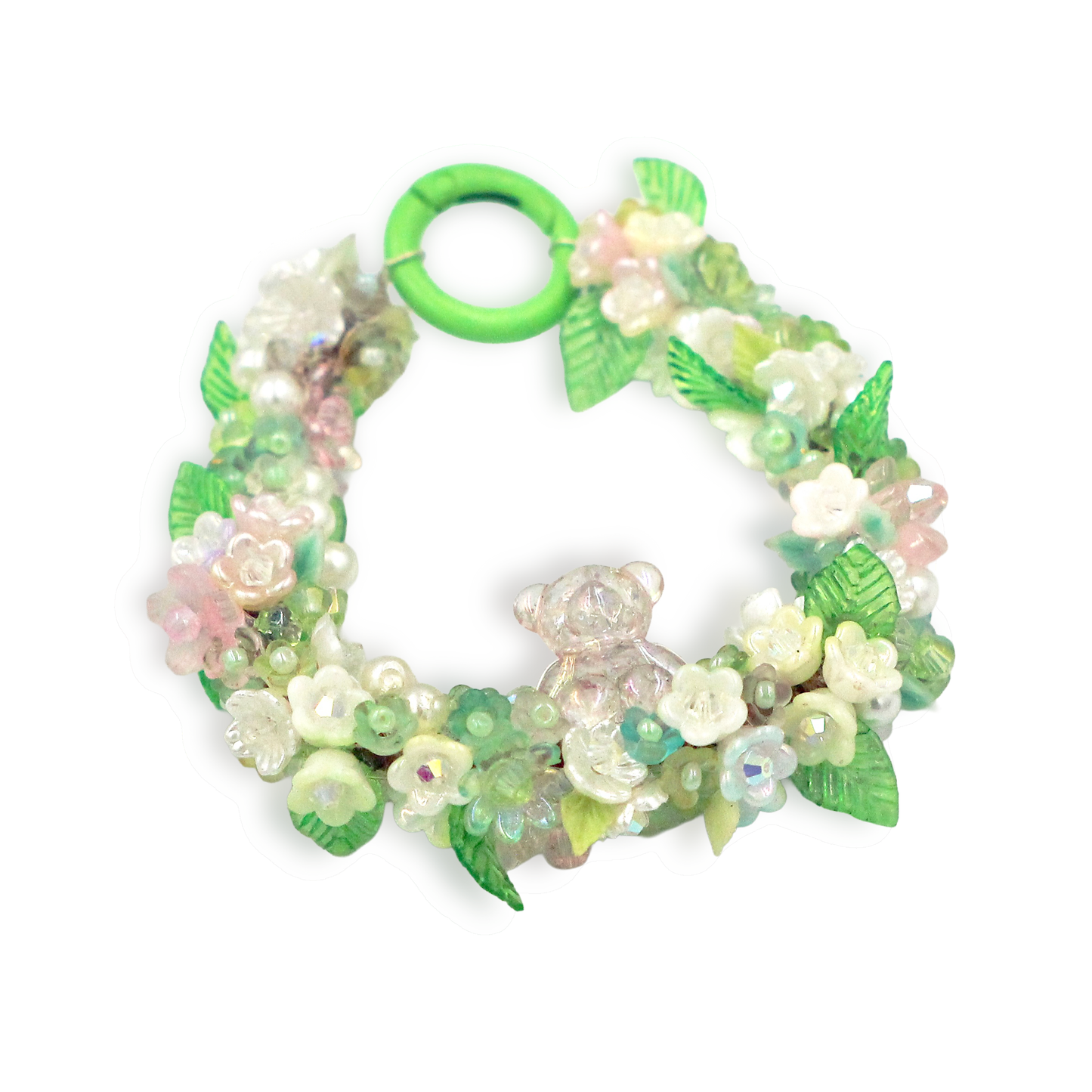 Handmade Beaded Floral Wreath Charm with Teddy Bear