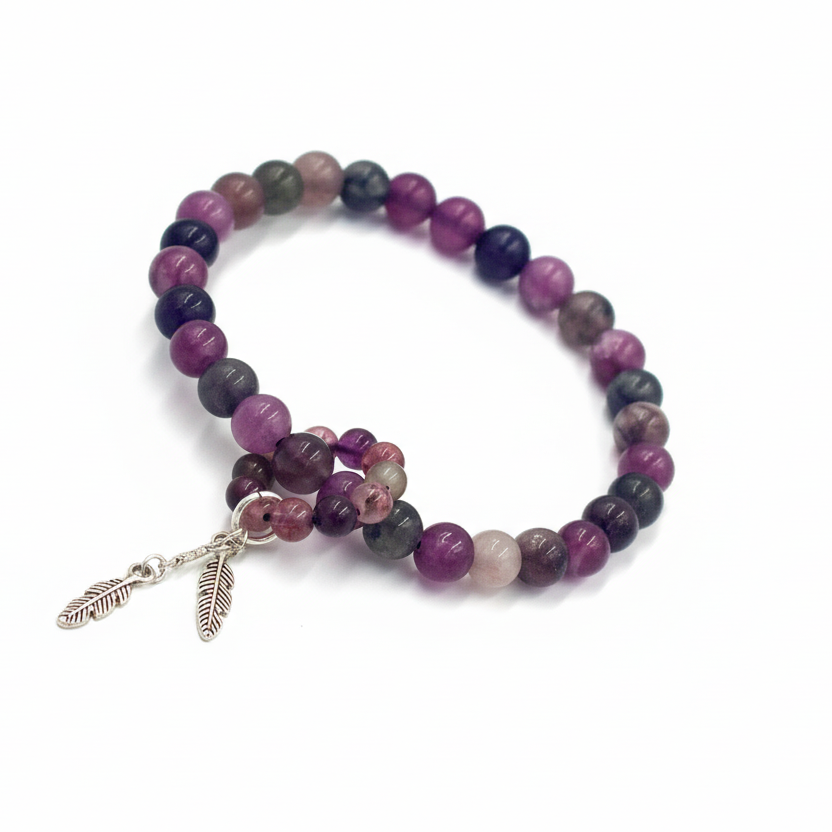 Multicolor Tourmaline Bracelet with Silver Plated Feather Charm