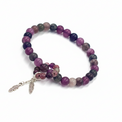 Multicolor Tourmaline Bracelet with Silver Plated Feather Charm