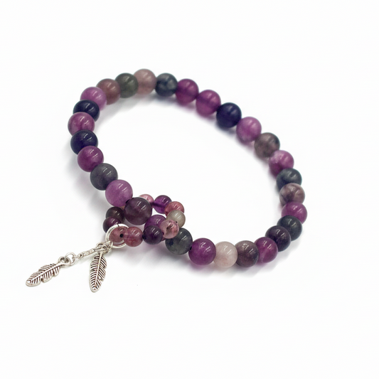Multicolor Tourmaline Bracelet with Silver Plated Feather Charm