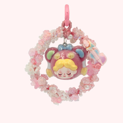 Cute Pink Doll Head Keychain – Beaded Floral Charm with Mini Guitar for Phone, Bag, or Purse