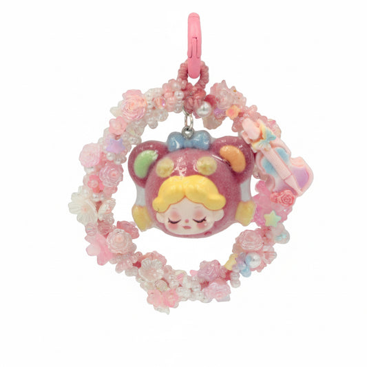 Cute Pink Doll Head Keychain – Beaded Floral Charm with Mini Guitar for Phone, Bag, or Purse
