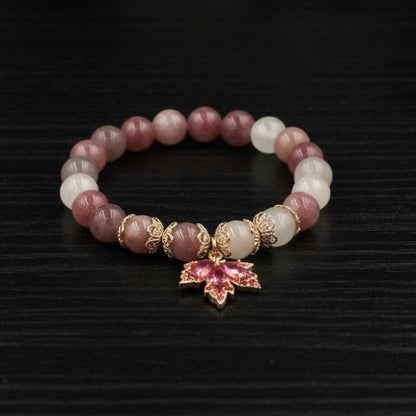 Sunstone and Peach Moonstone Bracelet – Red Zircon Maple Leaf Charm
