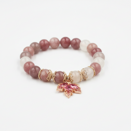 Sunstone and Peach Moonstone Bracelet – Red Zircon Maple Leaf Charm