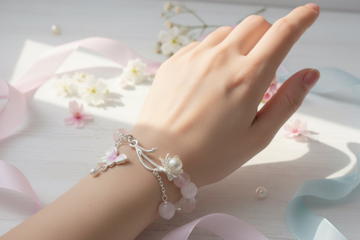 Pink Crystal Bracelet with Lotus Pearl Charm