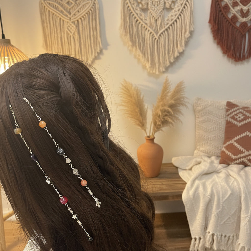 Boho Hair Clip Chain with Artificial Stones