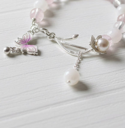 Pink Crystal Bracelet with Lotus Pearl Charm