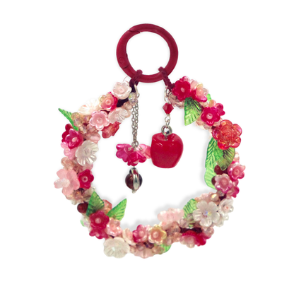 Handmade Floral Beaded Keychain Charm – Pink Flower Wreath with Apple Pendant, Cute Bag Charm, Car Hanging Decor