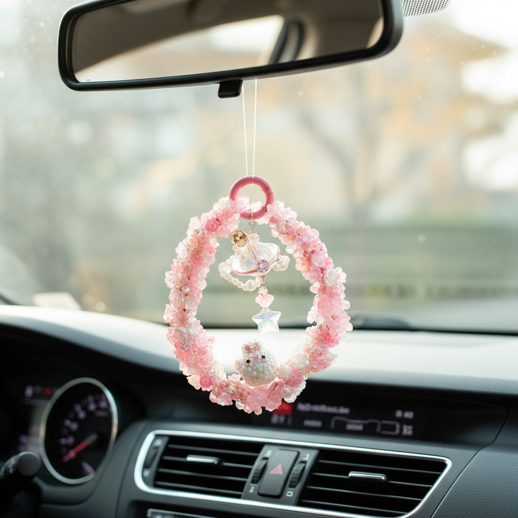 Handmade Pink Beaded Keychain – Cute Bunny Charm, Kawaii Galaxy Accessory, Pastel Crystal Keyring