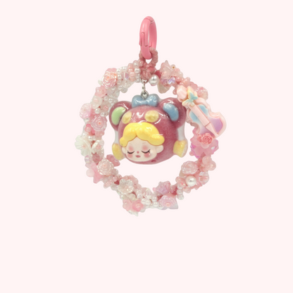 Cute Pink Doll Head Keychain – Beaded Floral Charm with Mini Guitar for Phone, Bag, or Purse
