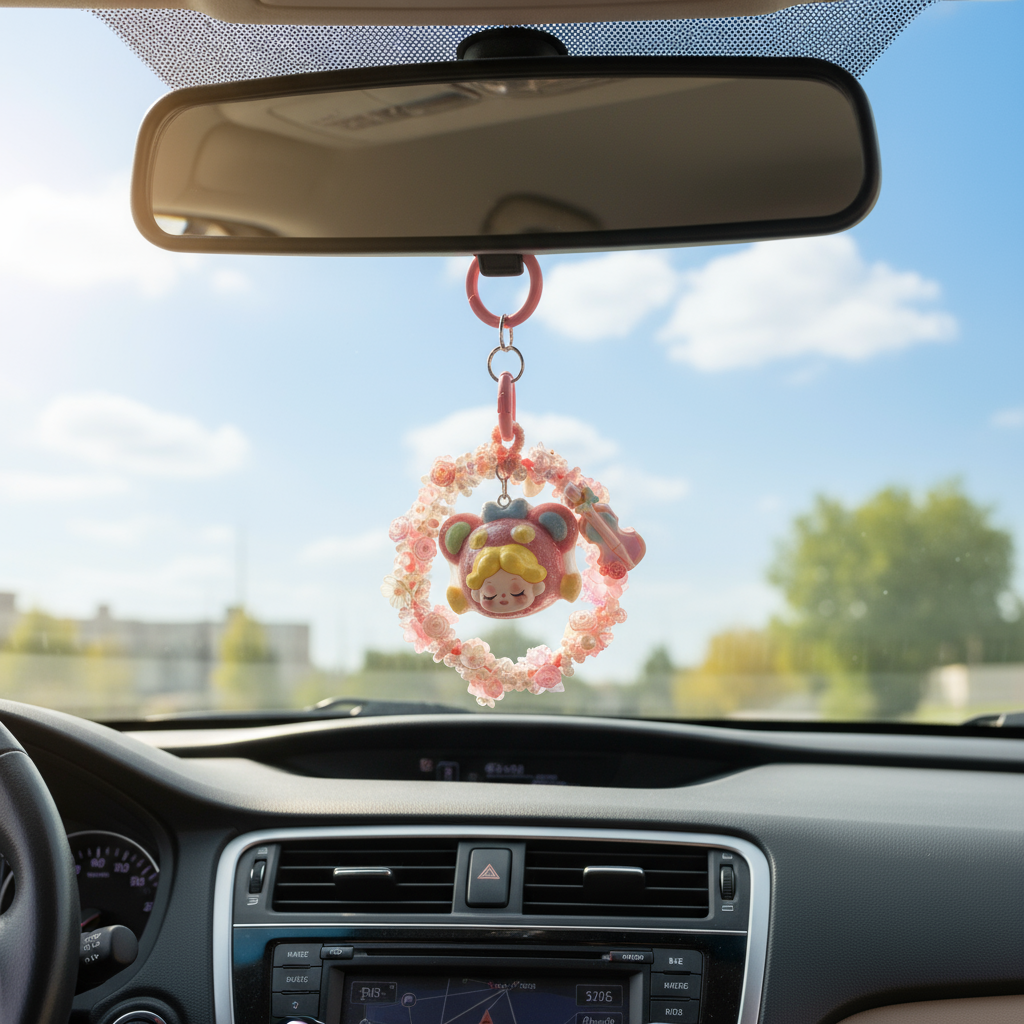 Cute Pink Doll Head Keychain – Beaded Floral Charm with Mini Guitar for Phone, Bag, or Purse