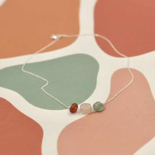 Minimalist 925 Silver Necklace with Raw Agate Stones – Natural Multi-Color Gemstone Pendant