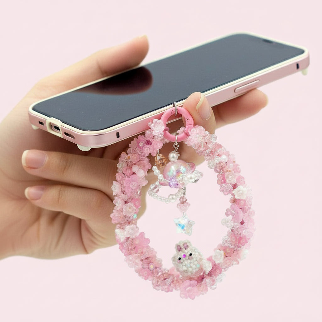 Handmade Pink Beaded Keychain – Cute Bunny Charm, Kawaii Galaxy Accessory, Pastel Crystal Keyring