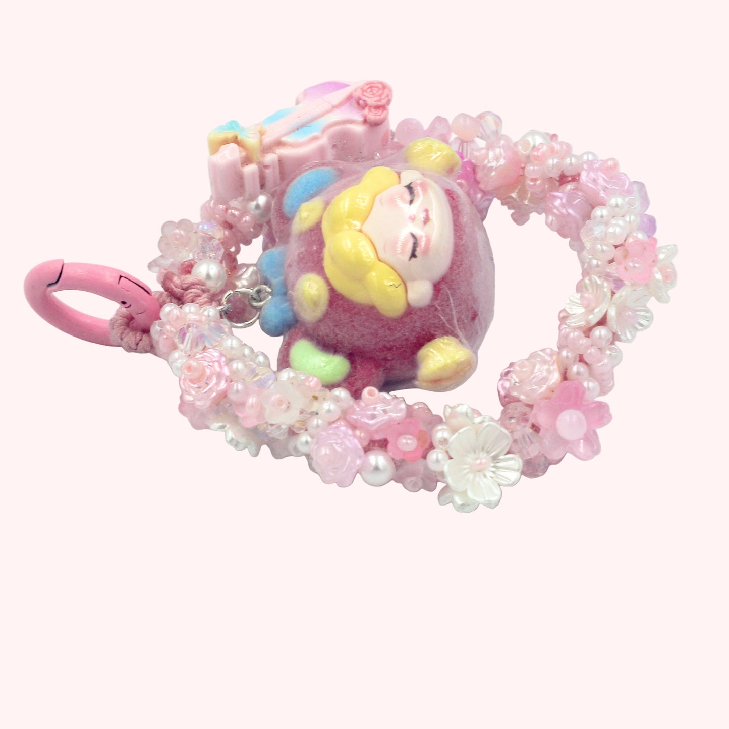 Cute Pink Doll Head Keychain – Beaded Floral Charm with Mini Guitar for Phone, Bag, or Purse