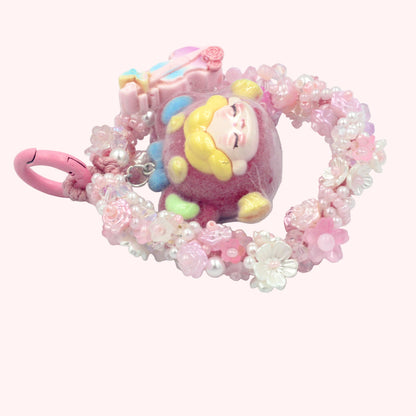 Cute Pink Doll Head Keychain – Beaded Floral Charm with Mini Guitar for Phone, Bag, or Purse