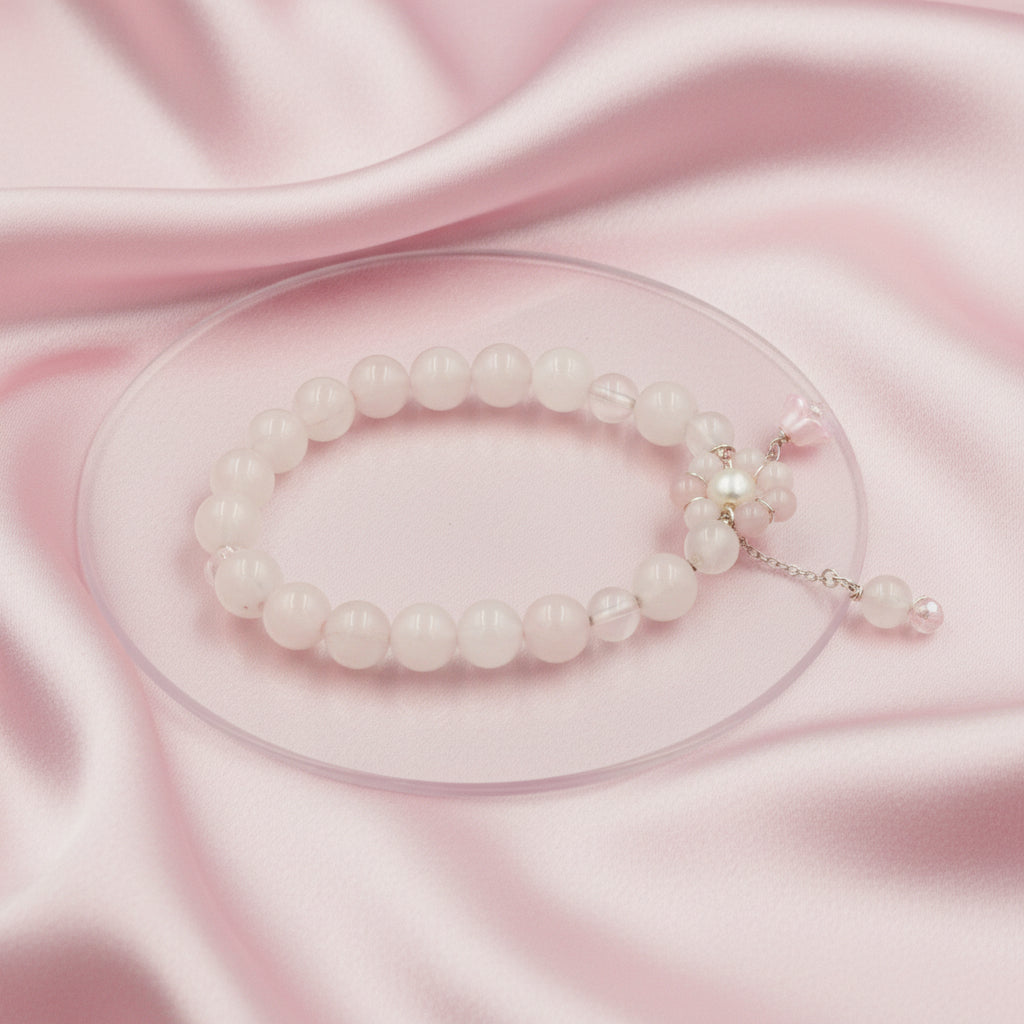 Rose Quartz & Freshwater Pearl Bracelet – Silver 925 Floral Charm Design (Wrist size 14–18cm | 5.5–7 inch)