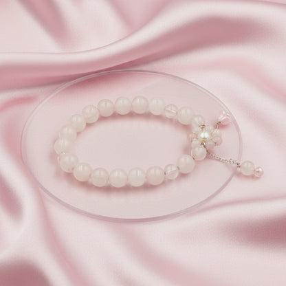 Rose Quartz & Freshwater Pearl Bracelet – Silver 925 Floral Charm Design (Wrist size 14–18cm | 5.5–7 inch)