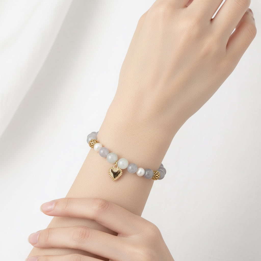 Amethyst Pearl Bracelet | Gold Heart Charm Bracelet | Romantic Crystal Jewelry | Gift for Her