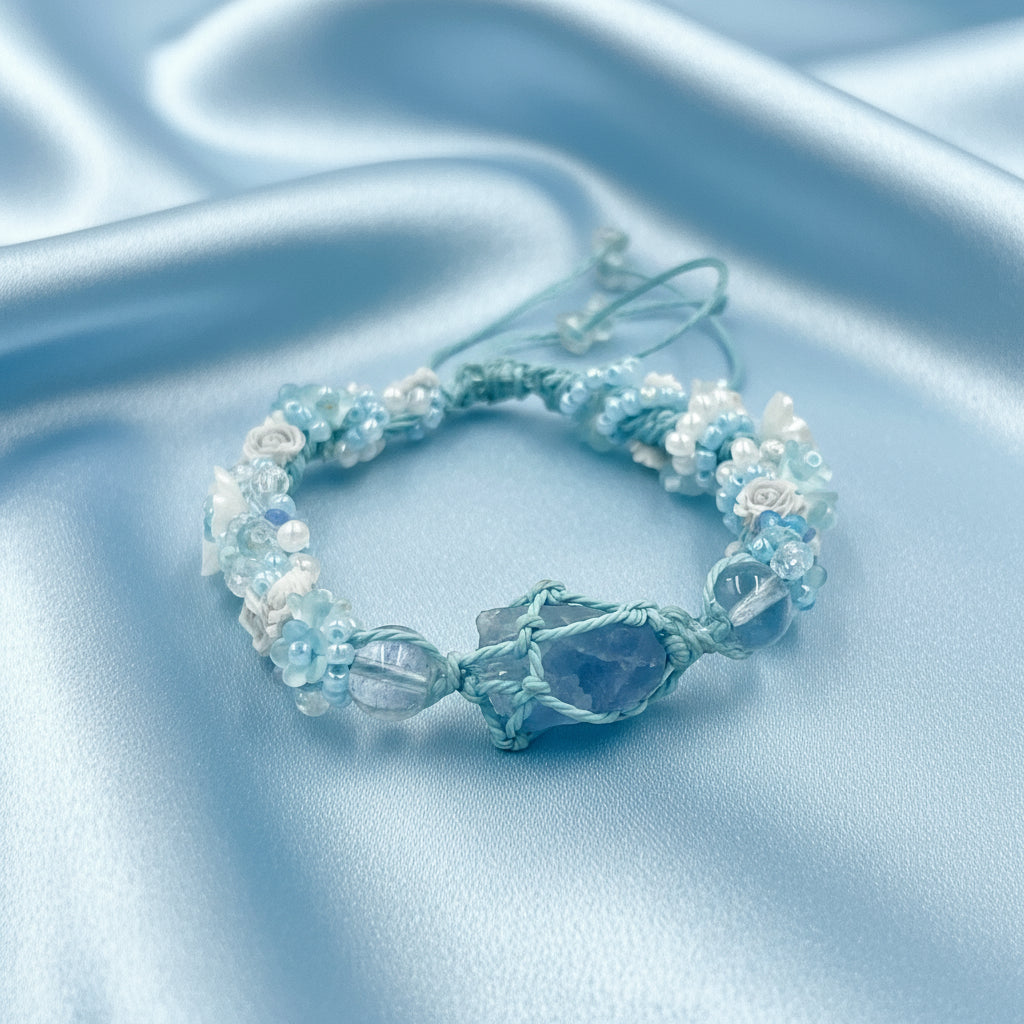 Raw Blue Fluorite and Flower Marcame Bracelet