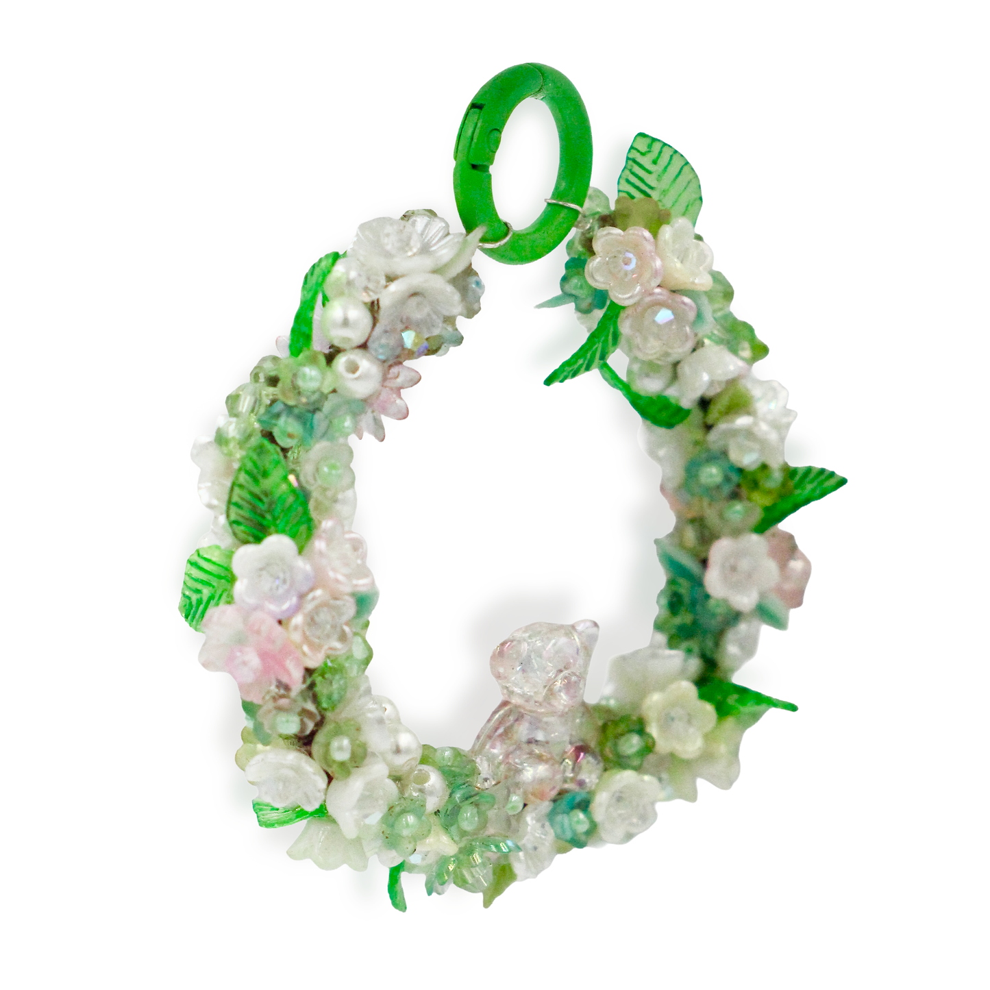 Handmade Beaded Floral Wreath Charm with Teddy Bear
