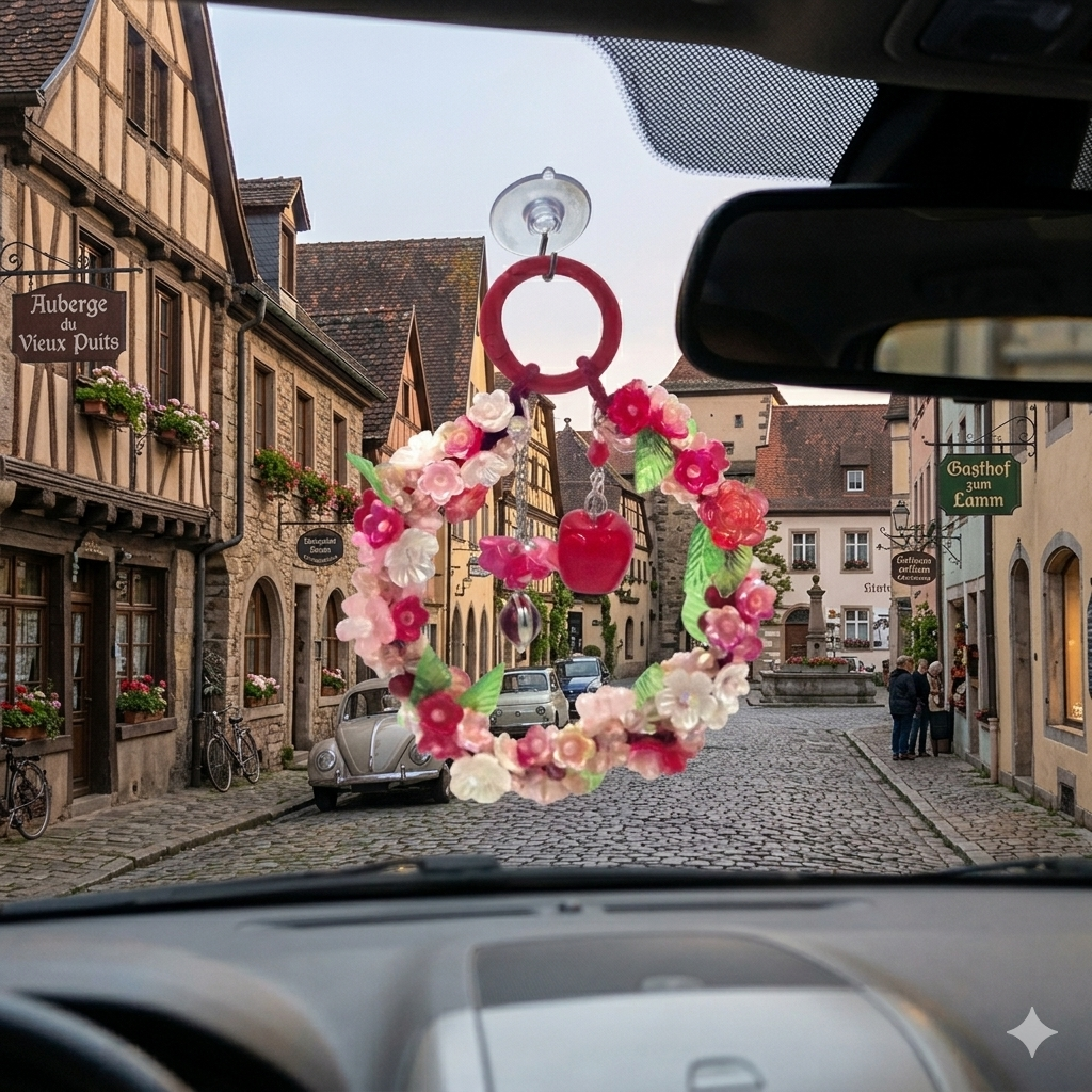 Handmade Floral Beaded Keychain Charm – Pink Flower Wreath with Apple Pendant, Cute Bag Charm, Car Hanging Decor