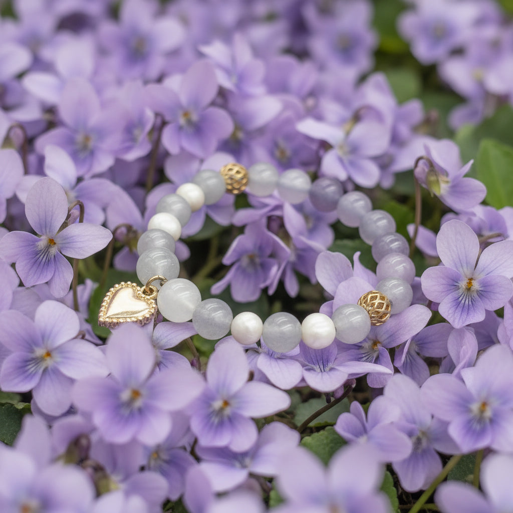 Amethyst Pearl Bracelet | Gold Heart Charm Bracelet | Romantic Crystal Jewelry | Gift for Her