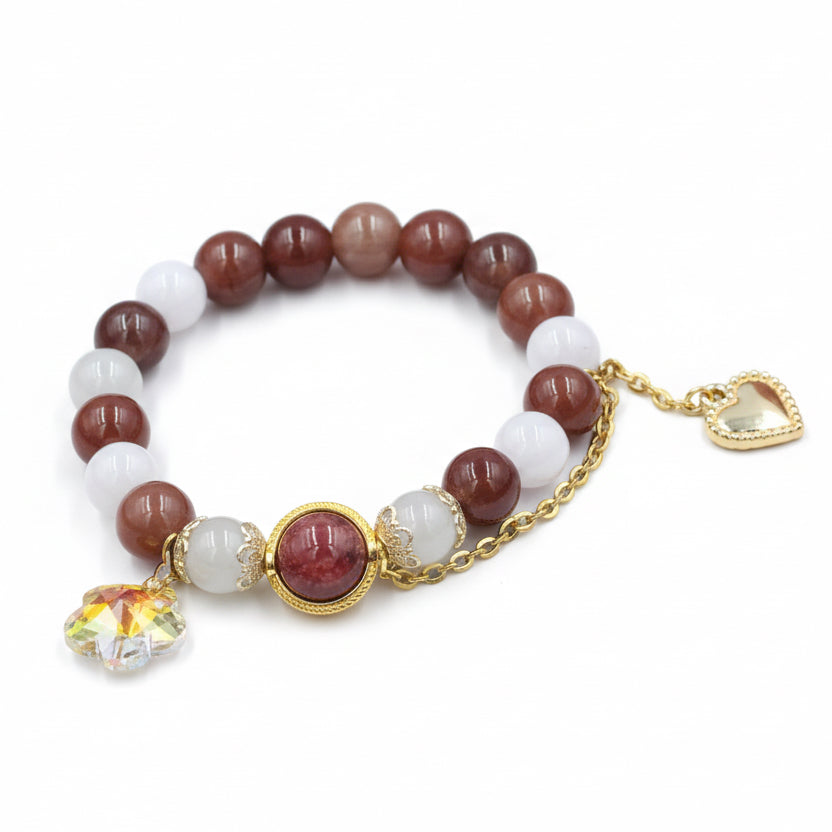 Brown Agate & Rose Quartz Bracelet – Gold Heart Charm with Crystal Flower Accent