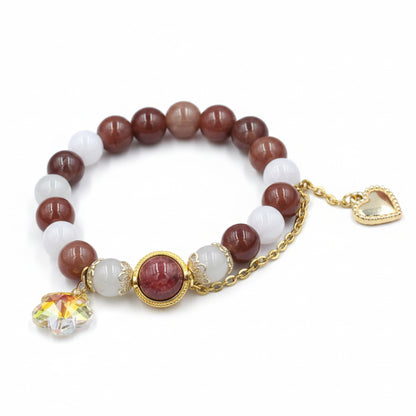 Brown Agate & Rose Quartz Bracelet – Gold Heart Charm with Crystal Flower Accent