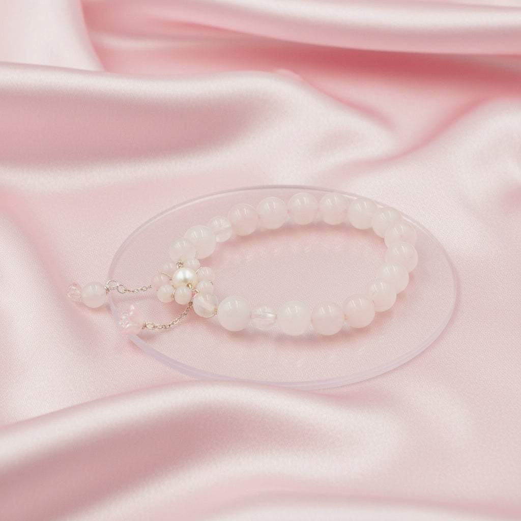 Rose Quartz & Freshwater Pearl Bracelet – Silver 925 Floral Charm Design (Wrist size 14–18cm | 5.5–7 inch)