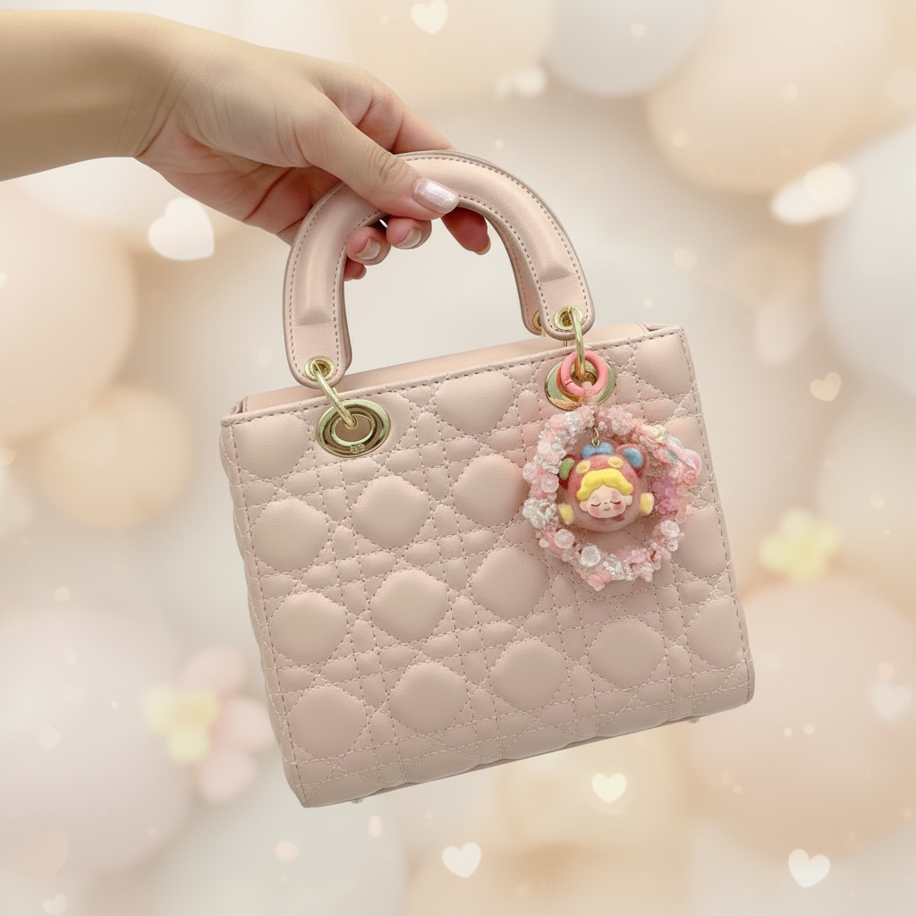 Cute Pink Doll Head Keychain – Beaded Floral Charm with Mini Guitar for Phone, Bag, or Purse