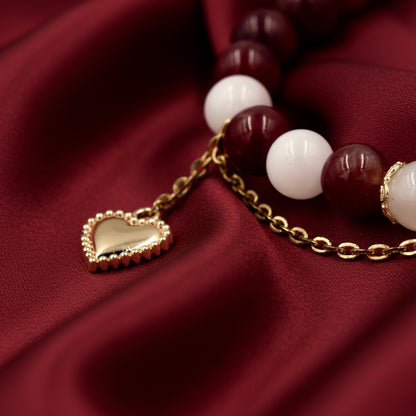 Brown Agate & Rose Quartz Bracelet – Gold Heart Charm with Crystal Flower Accent