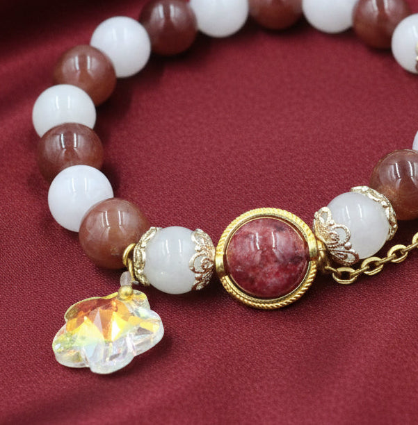 Brown Agate & Rose Quartz Bracelet – Gold Heart Charm with Crystal Flower Accent