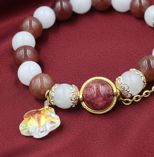 Brown Agate & Rose Quartz Bracelet – Gold Heart Charm with Crystal Flower Accent