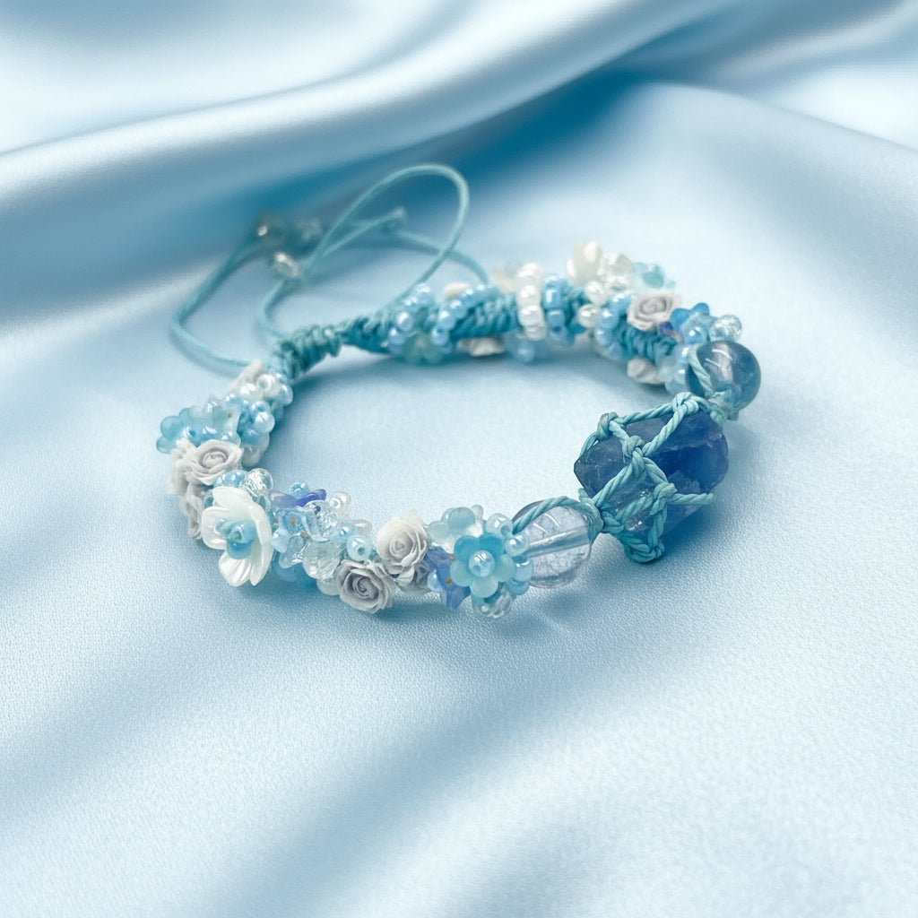 Raw Blue Fluorite and Flower Marcame Bracelet