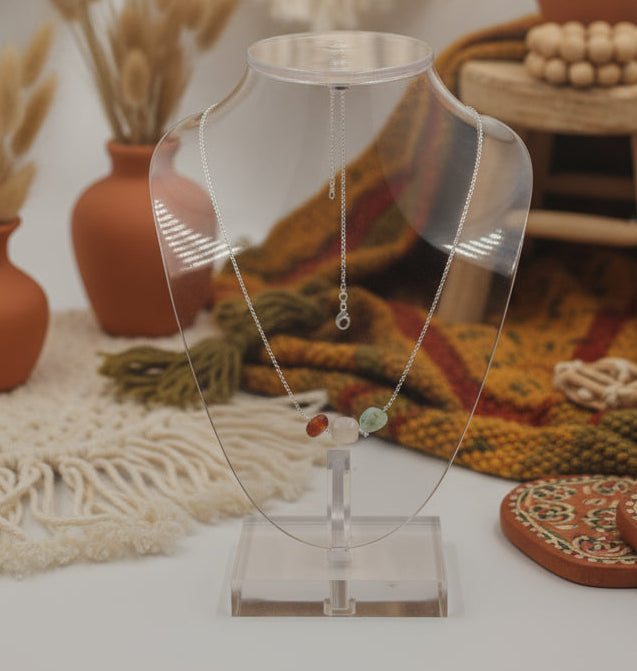 Minimalist 925 Silver Necklace with Raw Agate Stones – Natural Multi-Color Gemstone Pendant