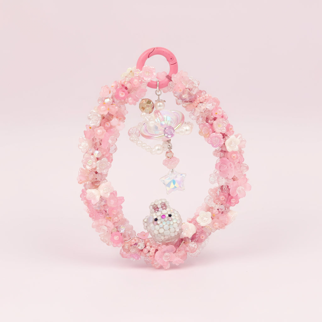 Handmade Pink Beaded Keychain – Cute Bunny Charm, Kawaii Galaxy Accessory, Pastel Crystal Keyring