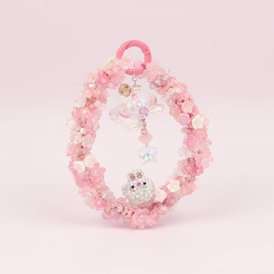 Handmade Pink Beaded Keychain – Cute Bunny Charm, Kawaii Galaxy Accessory, Pastel Crystal Keyring