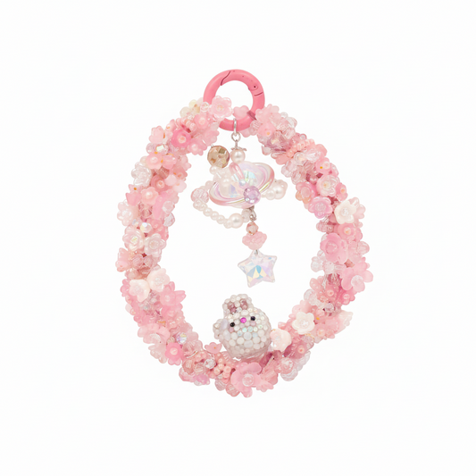 Handmade Pink Beaded Keychain – Cute Bunny Charm, Kawaii Galaxy Accessory, Pastel Crystal Keyring