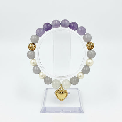 Amethyst Pearl Bracelet | Gold Heart Charm Bracelet | Romantic Crystal Jewelry | Gift for Her
