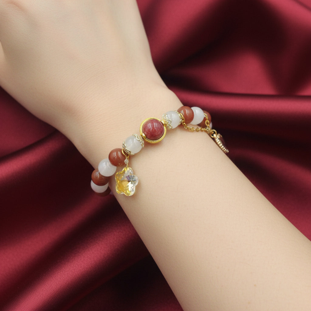 Brown Agate & Rose Quartz Bracelet – Gold Heart Charm with Crystal Flower Accent