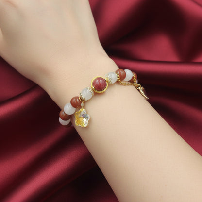 Brown Agate & Rose Quartz Bracelet – Gold Heart Charm with Crystal Flower Accent