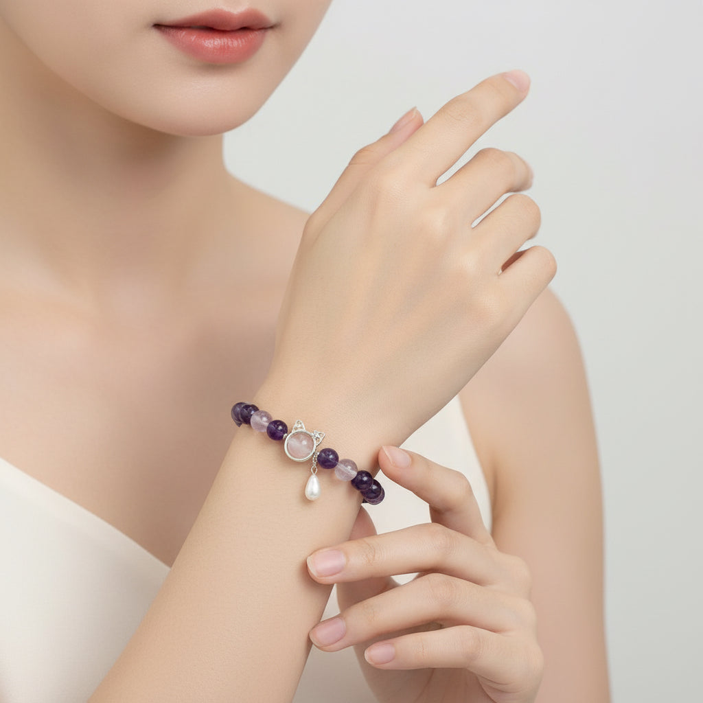 Amethyst - Morganite Cat Charm Bracelet