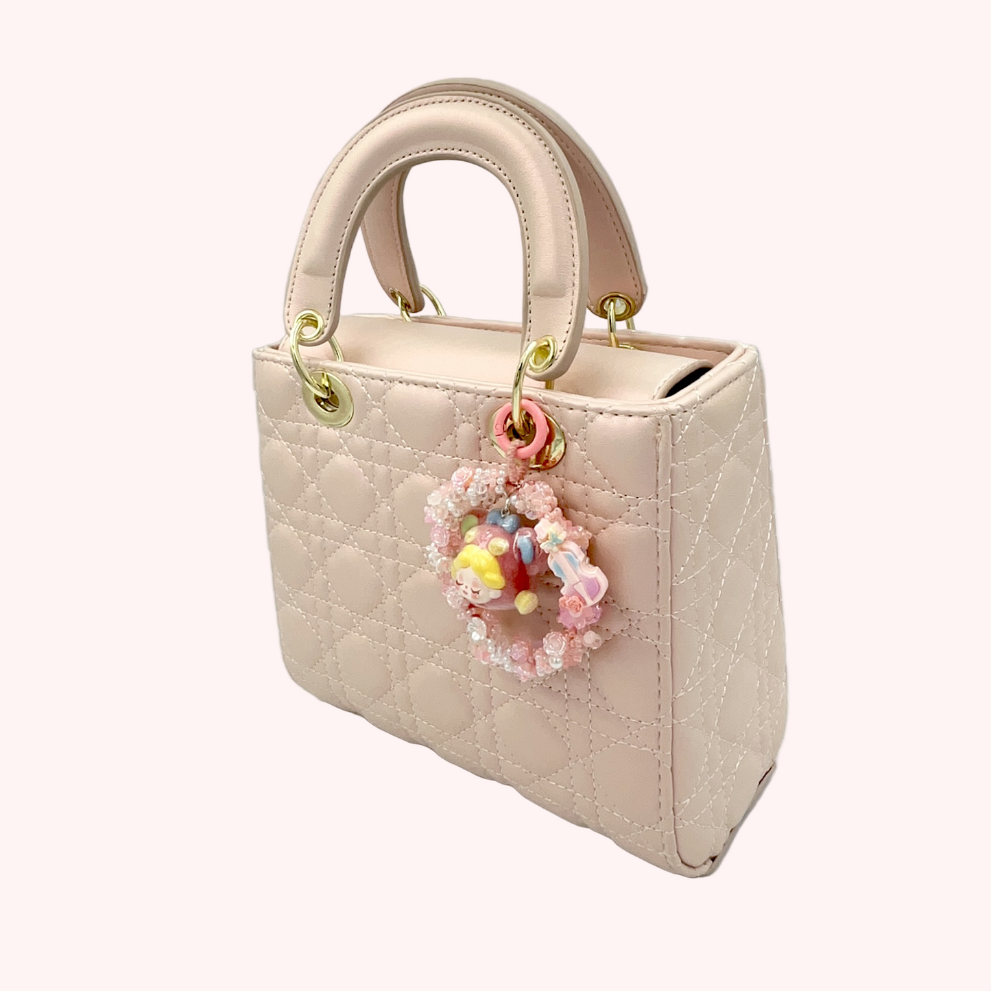 Cute Pink Doll Head Keychain – Beaded Floral Charm with Mini Guitar for Phone, Bag, or Purse