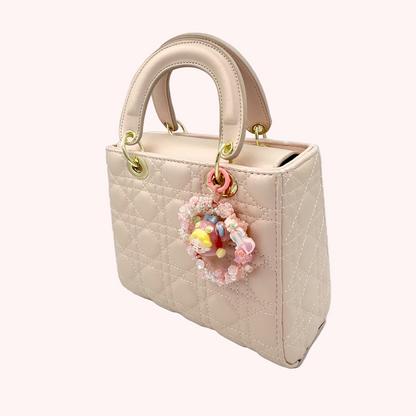 Cute Pink Doll Head Keychain – Beaded Floral Charm with Mini Guitar for Phone, Bag, or Purse