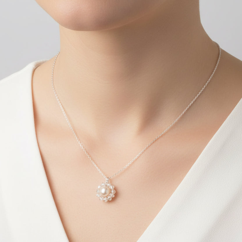 925 Sterling Silver Necklace with White Crystal - Pink Freshwater Pearl Pendant