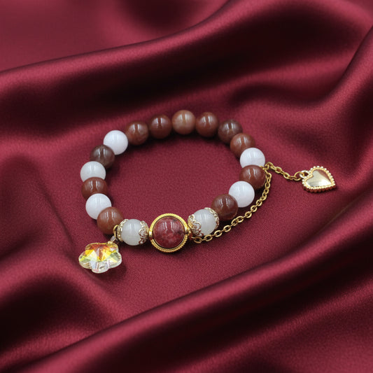 Brown Agate & Rose Quartz Bracelet – Gold Heart Charm with Crystal Flower Accent