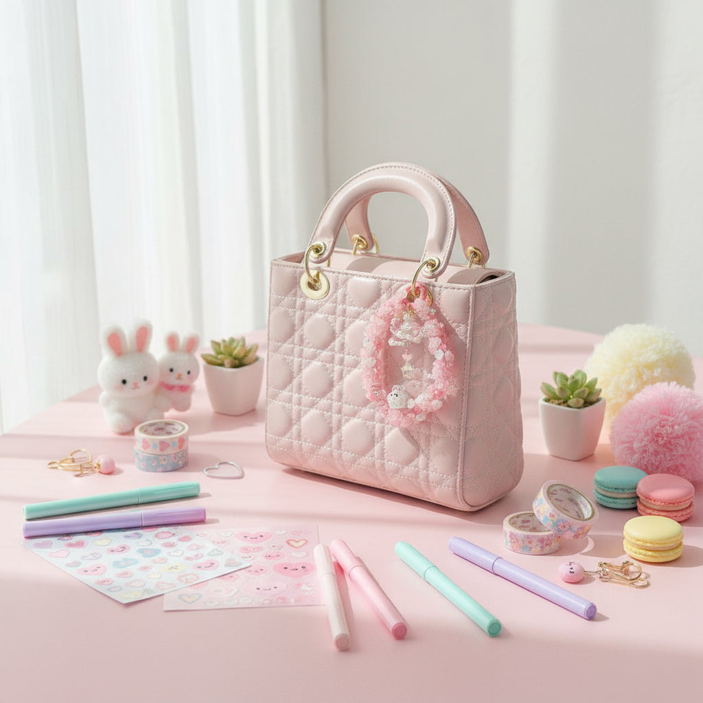 Handmade Pink Beaded Keychain – Cute Bunny Charm, Kawaii Galaxy Accessory, Pastel Crystal Keyring