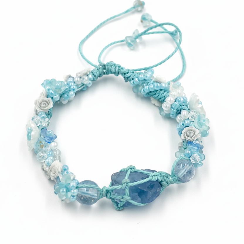 Raw Blue Fluorite and Flower Marcame Bracelet